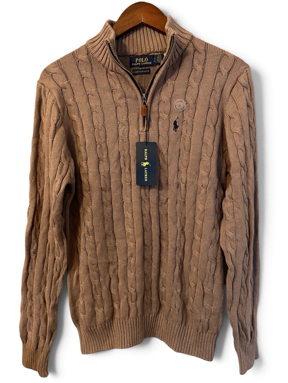 $150 Polo Ralph Lauren Men’s L Cable-Knit Cotton Quarter-Zip Sweater Tan Brown